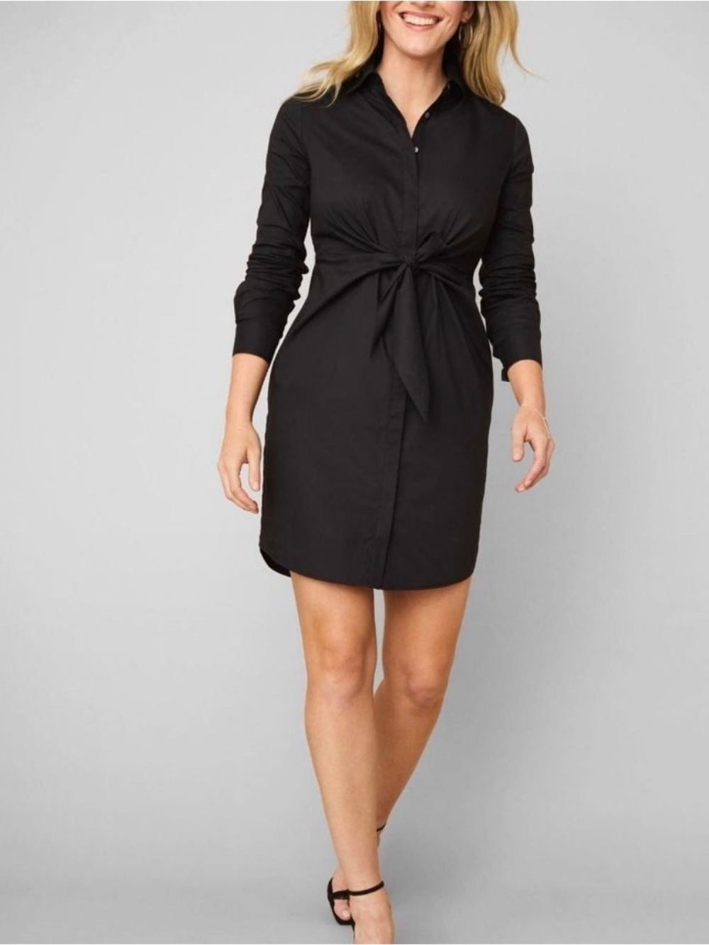 UNTUCKit Angelina Black Stretch Cotton Shirt Dress Long Sleeve Tie Waist Size 12